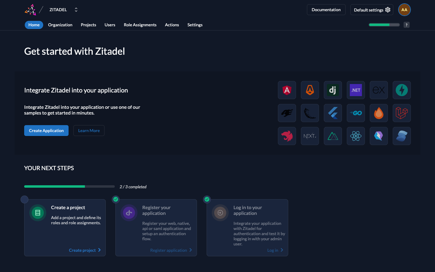 The Zitadel Console home page